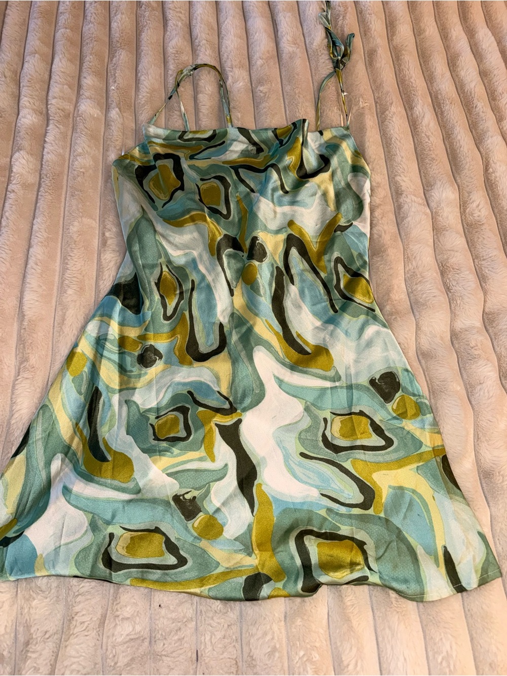 Satin Slip Dress in Green Abstract Print